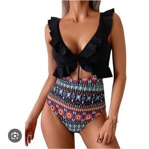 Eomenie Womens Ruffle V Neck Cutout One Piece Swimsuit Tribal Print Black Size M